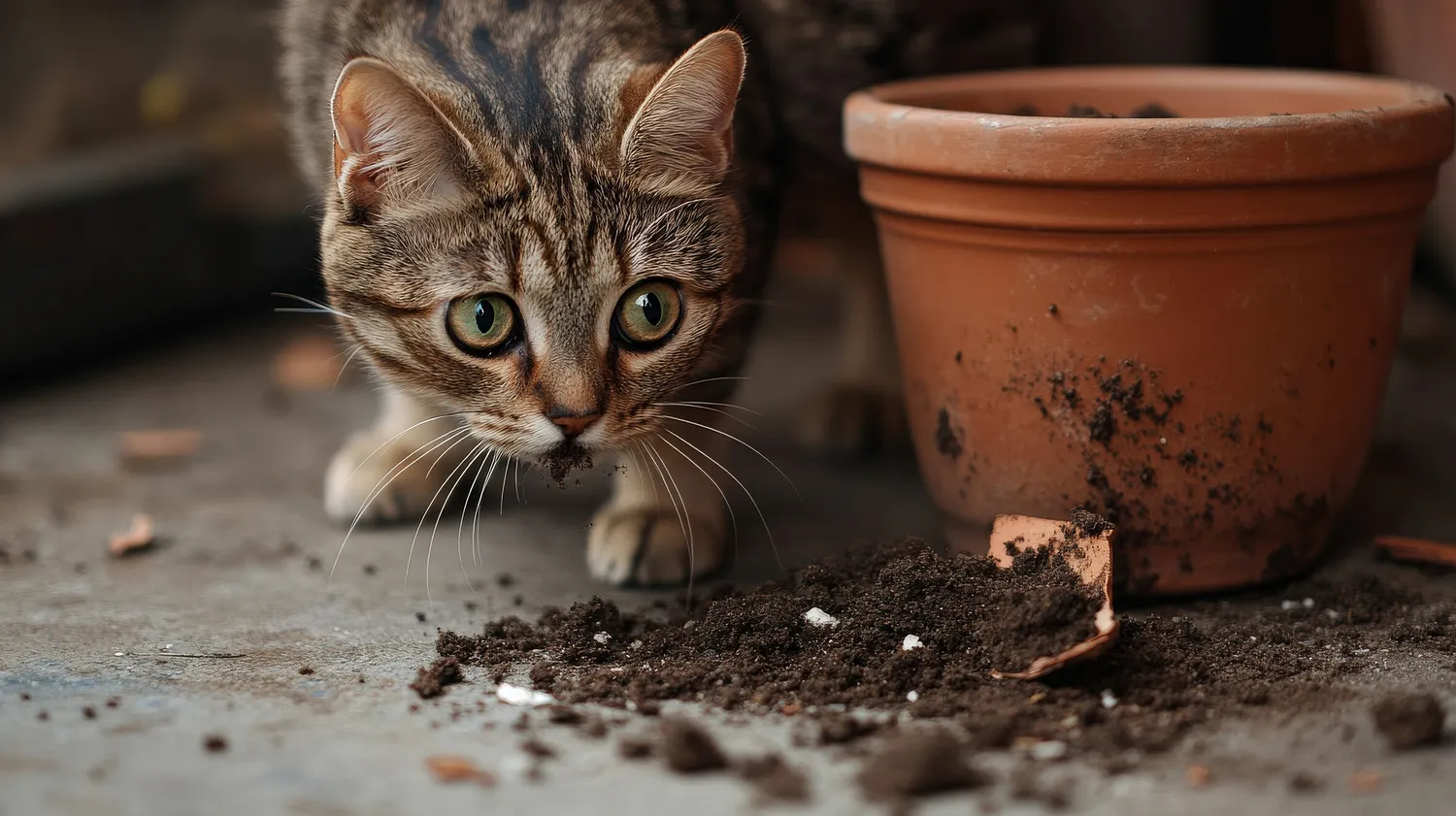 HanseMerkur Versicherung - Tierversicherung - Eine Katze mit neugierigen Augen erkundet die verschüttete Erde eines zerbrochenen Blumentopfs. Im Garten liegen Überreste des Topfes verstreut am Boden und zeugen von der verspielten Natur der Katze.