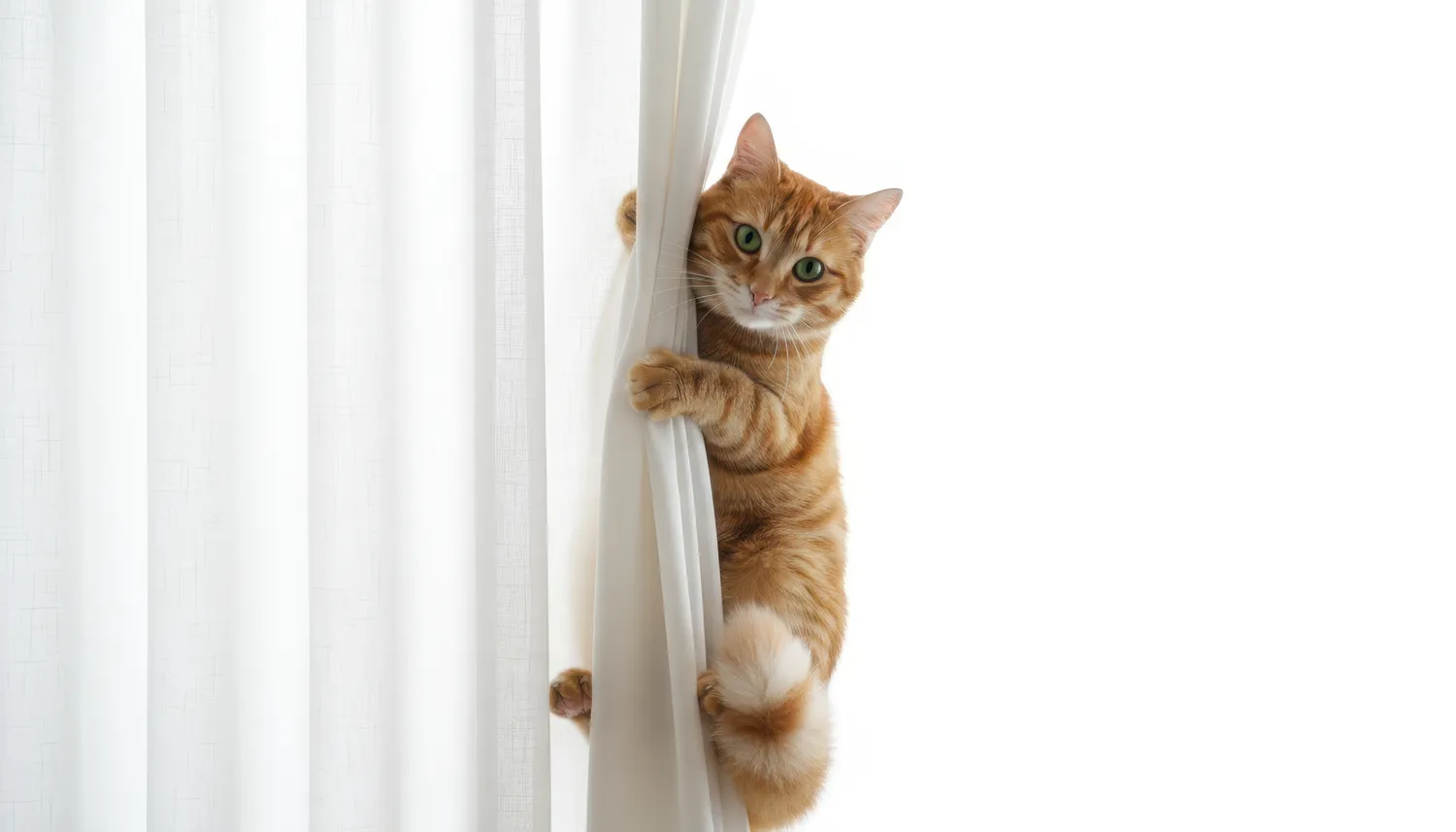 HanseMerkur Versicherung - Tierversicherung - Eine verspielte, rotgetigerte Katze klettert an einem durchsichtigen weißen Vorhang in der Nähe eines hellen Fensters hoch.