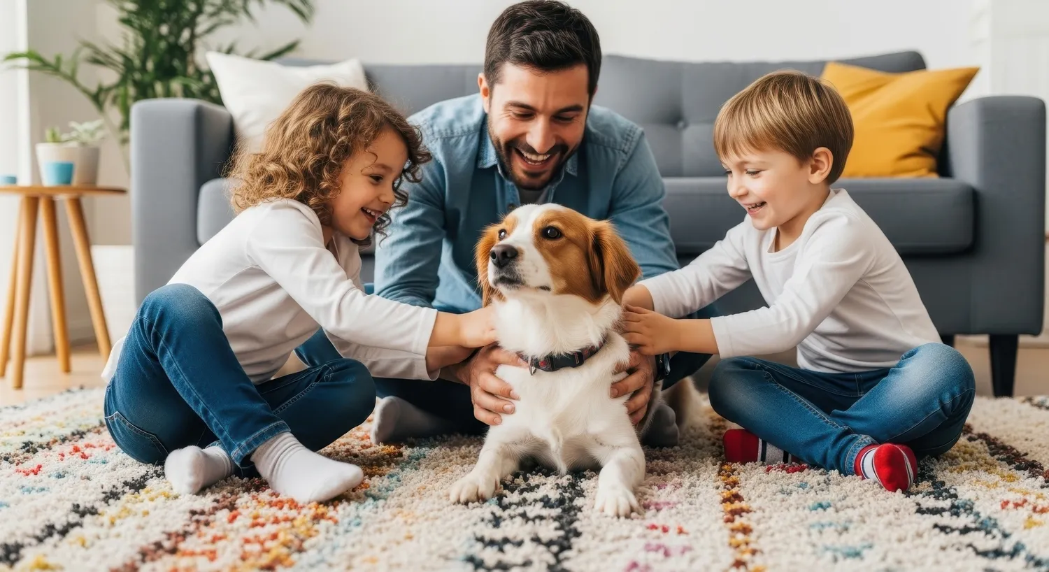 HanseMerkur Versicherung - Tierversicherung - Fröhliche Familienzeit: Vater und Kinder spielen mit dem Hund auf dem gemütlichen Wohnzimmerteppich.