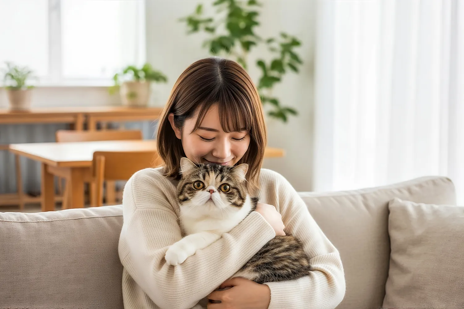 HanseMerkur Versicherung - Tierversicherung - eine Person, die eine Scottish Fold-Katze hält, während sie auf einer Couch sitzt.