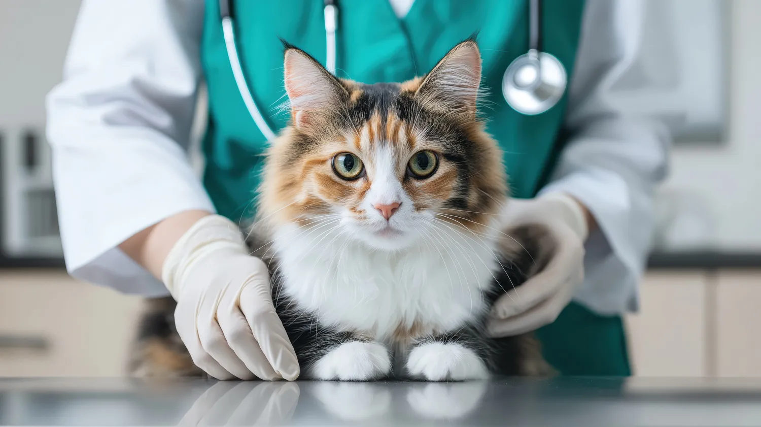 HanseMerkur Versicherung - Tierversicherung - Eine dreifarbige Katze sitzt auf einem Untersuchungstisch, während ein Tierarzt in Handschuhen und Schutzkleidung eine Gesundheitsuntersuchung durchführt.